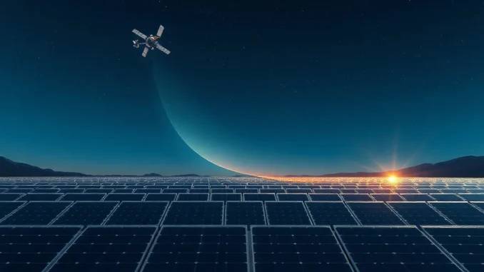 Solar farm illuminated by infrared beam from satellite in space, representing Meta's deal for space-based solar power.