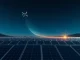 Solar farm illuminated by infrared beam from satellite in space, representing Meta's deal for space-based solar power.