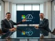 Two business executives in a modern conference room discussing a deal with Microsoft and OpenAI logos on a screen