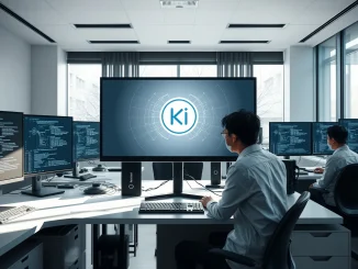 Interior of a modern AI research lab in Beijing with researchers working on computers displaying code and AI models.