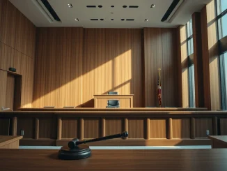 Empty courtroom with judge's bench and gavel, representing legal action against crypto platform Uphold.