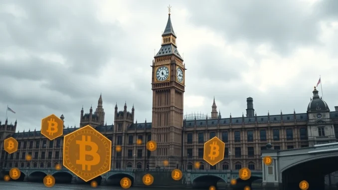UK Houses of Parliament with subtle crypto symbols overlay representing political donations regulation