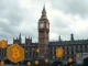 UK Houses of Parliament with subtle crypto symbols overlay representing political donations regulation