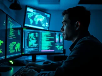 Cybersecurity analyst monitoring screens showing North Korean hacking activity and crypto theft data.