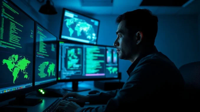 Cybersecurity analyst monitoring screens showing North Korean hacking activity and crypto theft data.