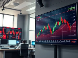 Cryptocurrency price chart on digital display in a modern newsroom trading desk setting