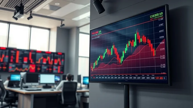 Cryptocurrency price chart on digital display in a modern newsroom trading desk setting