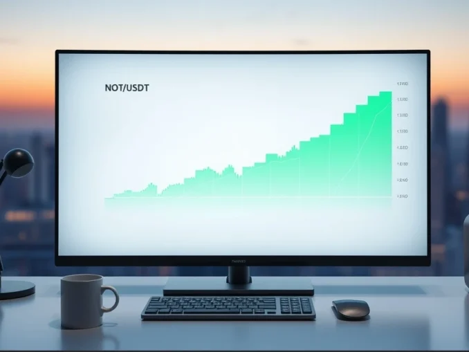 Professional trading setup with a monitor showing a gradual uptrend in the NOT cryptocurrency chart.