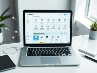 Notion interface on a laptop showing AI agent icons and workflow connections in a bright office setting.