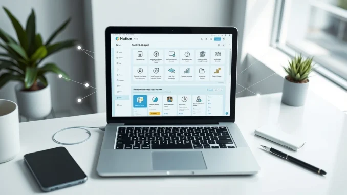 Notion interface on a laptop showing AI agent icons and workflow connections in a bright office setting.