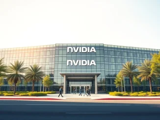 Nvidia headquarters building exterior on a sunny day, representing the company's corporate presence and AI investment activity.