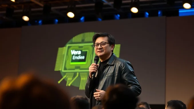 Nvidia CEO Jensen Huang speaking on stage at a tech event with a Vera CPU graphic behind him.