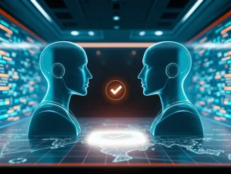 Two AI agent holograms facing each other over a glowing blockchain network map in a modern trading floor setting.