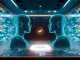 Two AI agent holograms facing each other over a glowing blockchain network map in a modern trading floor setting.