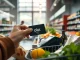 Person holding an OKX card at a grocery store checkout in Europe