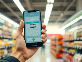 Person using a smartphone for a crypto payment at a grocery store in Colombia