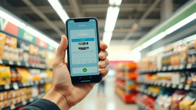 Person using a smartphone for a crypto payment at a grocery store in Colombia