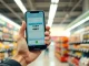 Person using a smartphone for a crypto payment at a grocery store in Colombia