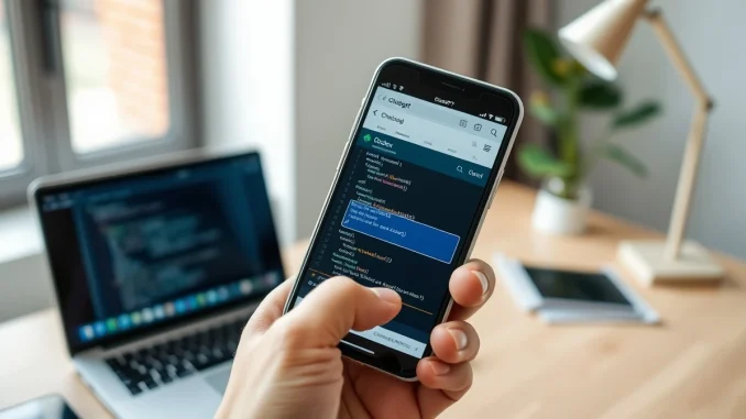 Smartphone displaying ChatGPT app with Codex coding interface in a modern workspace