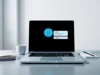 OpenAI GPT-5.5 Instant ChatGPT interface on a laptop with a glowing AI brain icon, representing the new default model's advanced capabilities.