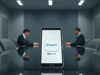 Smartphone showing ChatGPT app icon on a glass table in a corporate boardroom with blurred figures in background