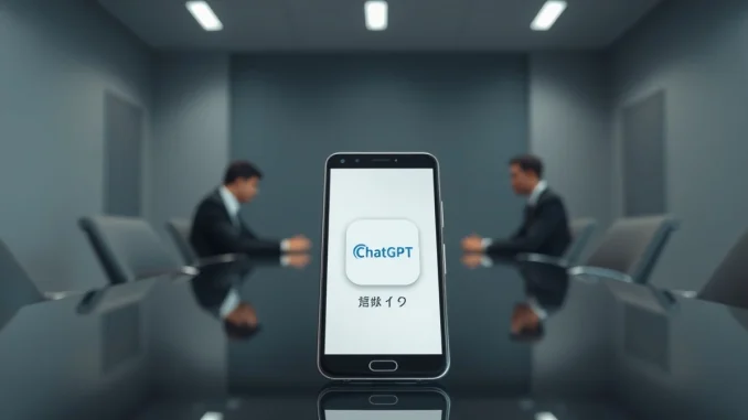 Smartphone showing ChatGPT app icon on a glass table in a corporate boardroom with blurred figures in background