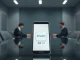 Smartphone showing ChatGPT app icon on a glass table in a corporate boardroom with blurred figures in background