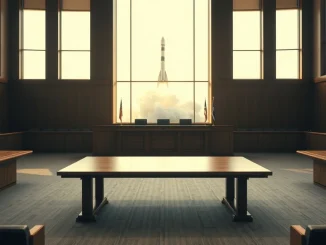 Empty courtroom with a judge's bench, symbolizing the conclusion of the Musk v. Altman OpenAI trial.
