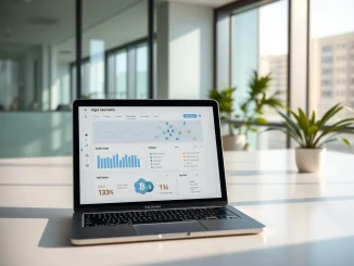 OpenTrade stablecoin yield platform dashboard on a laptop in a modern London office