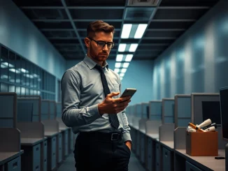 A tech worker looking at a smartphone in a dimly lit office after being laid off, with empty desks and a packed box nearby.