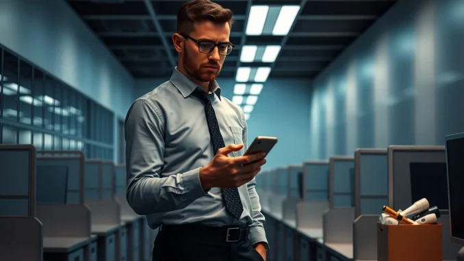 A tech worker looking at a smartphone in a dimly lit office after being laid off, with empty desks and a packed box nearby.
