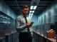 A tech worker looking at a smartphone in a dimly lit office after being laid off, with empty desks and a packed box nearby.