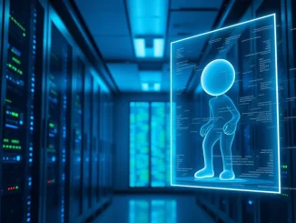 Holographic video game character in a data center, representing Origin Lab's AI training data marketplace.