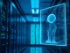 Holographic video game character in a data center, representing Origin Lab's AI training data marketplace.