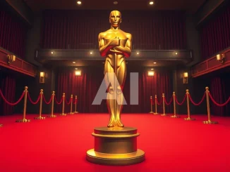 Oscar statue on red carpet with AI watermark representing ineligibility for AI-generated actors and scripts