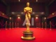 Oscar statue on red carpet with AI watermark representing ineligibility for AI-generated actors and scripts