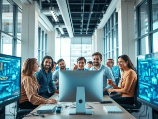 Team of engineers collaborating in a modern tech office with data on screens, representing Parallel Web Systems' AI agent-tool startup.