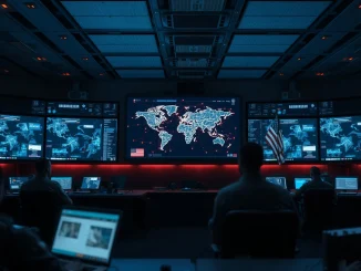 Secure military command center with AI data visualization on large screens