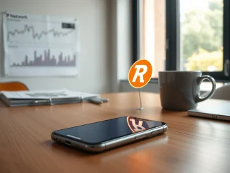 Smartphone displaying Pi Network app on a desk with financial charts in background