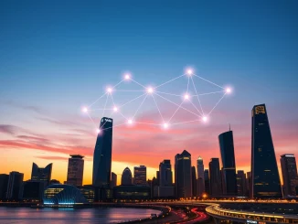 Digital blockchain network visualization over a futuristic city skyline representing Polkadot's interoperability