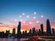 Digital blockchain network visualization over a futuristic city skyline representing Polkadot's interoperability