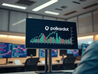 A digital display showing a bullish cryptocurrency chart with the Polkadot logo in a professional newsroom setting.
