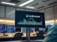 A digital display showing a bullish cryptocurrency chart with the Polkadot logo in a professional newsroom setting.