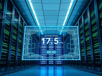 Futuristic server room with a digital display showing Polygon blockchain blocks created at 1.75-second intervals.