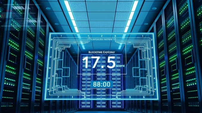 Futuristic server room with a digital display showing Polygon blockchain blocks created at 1.75-second intervals.