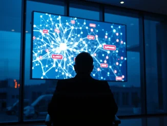 Digital screen showing blockchain transaction network with red flagged nodes in a dimly lit surveillance office.