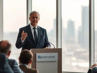 Polymarket executive Josh Stevens speaking at a press conference about KYC and beta product launch