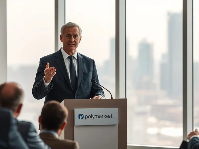Polymarket executive Josh Stevens speaking at a press conference about KYC and beta product launch
