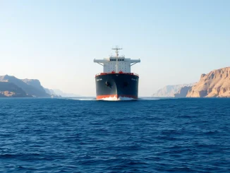 Oil tanker navigating the Strait of Hormuz as Polymarket odds for normalized traffic spike.