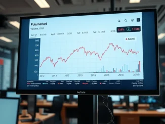 Digital trading dashboard showing declining Polymarket volume chart on smartphone in professional trading environment